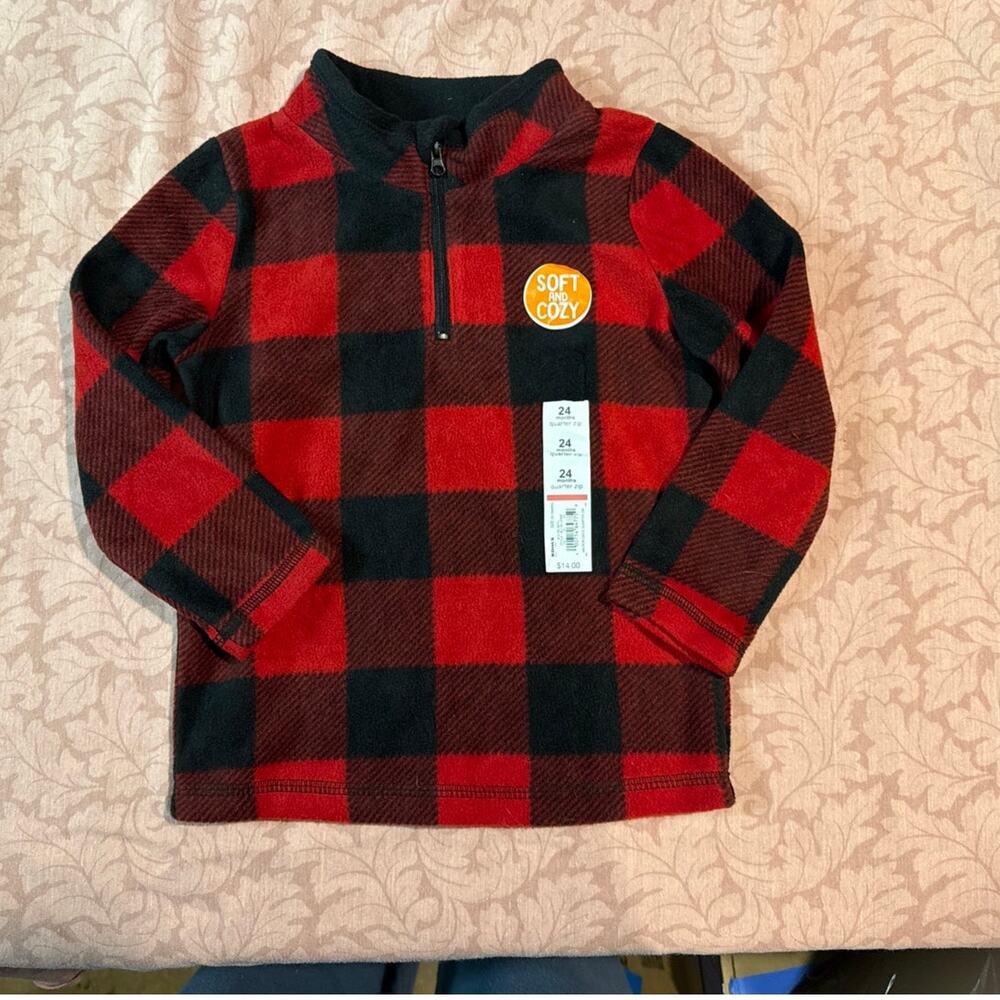 Jumping Beans Fleece 1/4 Zip Pullover Buffalo Plaid Red Black Jacket NEW 24 mos